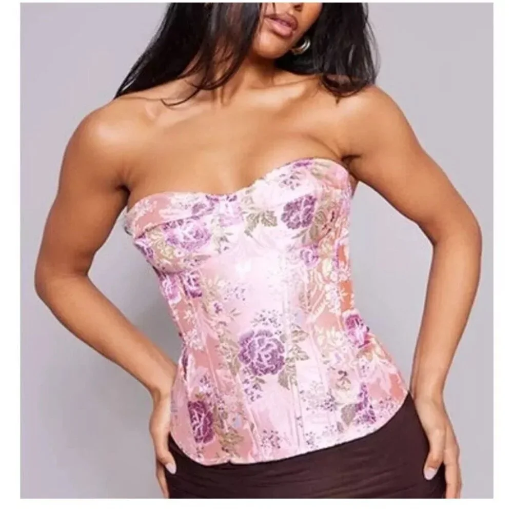 NWT Pretty Little Thing Plus Pink Floral JACQUARD Satin Corset Size US 14 - Picture 2 of 7